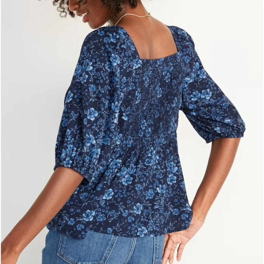 Old Navy Blue Floral Puff Sleeve Blouse Stretch S
